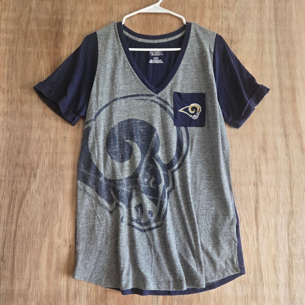 Majestic Los Angeles Rams V-Neck Pocket T-Shirt Womens Large Grey Navy Blue